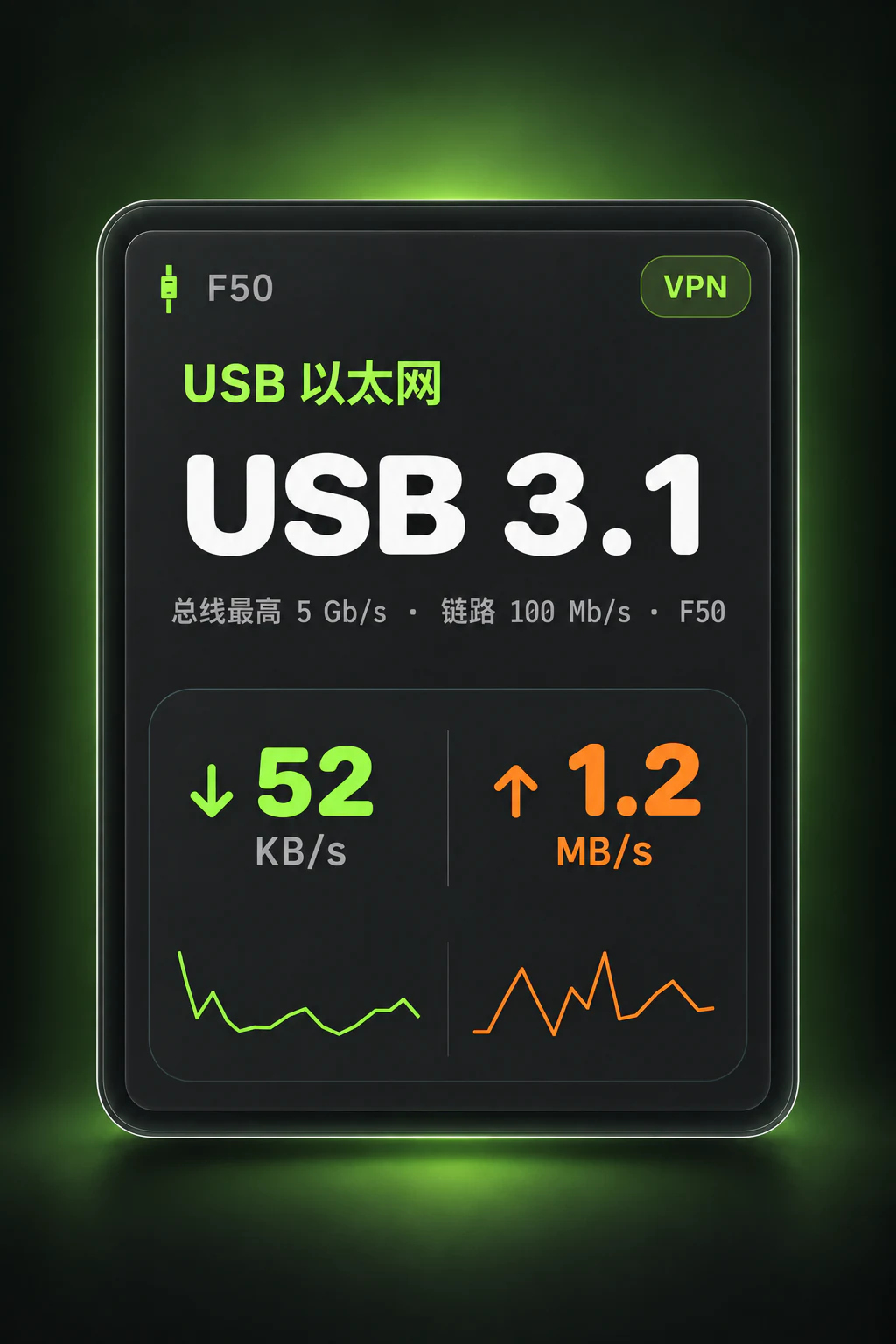 网卡状态展示：USB 以太网、链路信息、当前速度和 VPN 接口标识