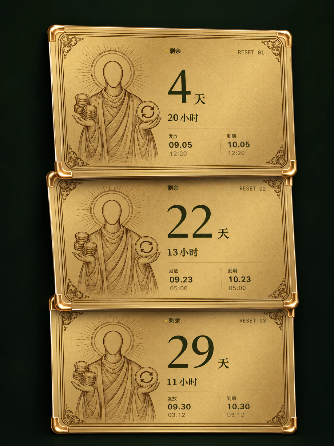 Reset-card presentation, Chinese interface: stacked gold cards with remaining time, issue dates, and expiry dates