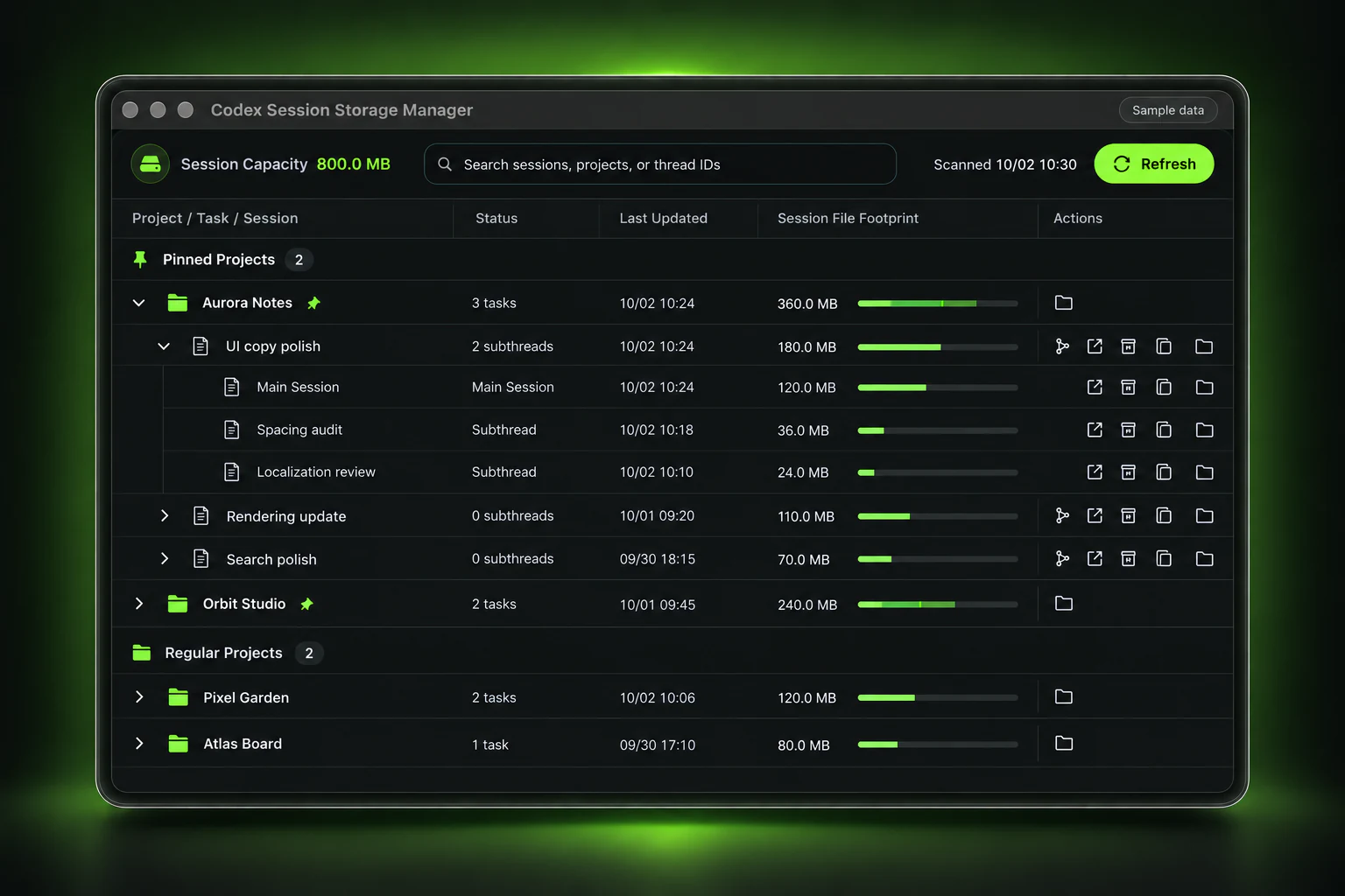 Scanned Codex Session Storage example: fictional projects, tasks, timestamps, and capacities in an expanded session list